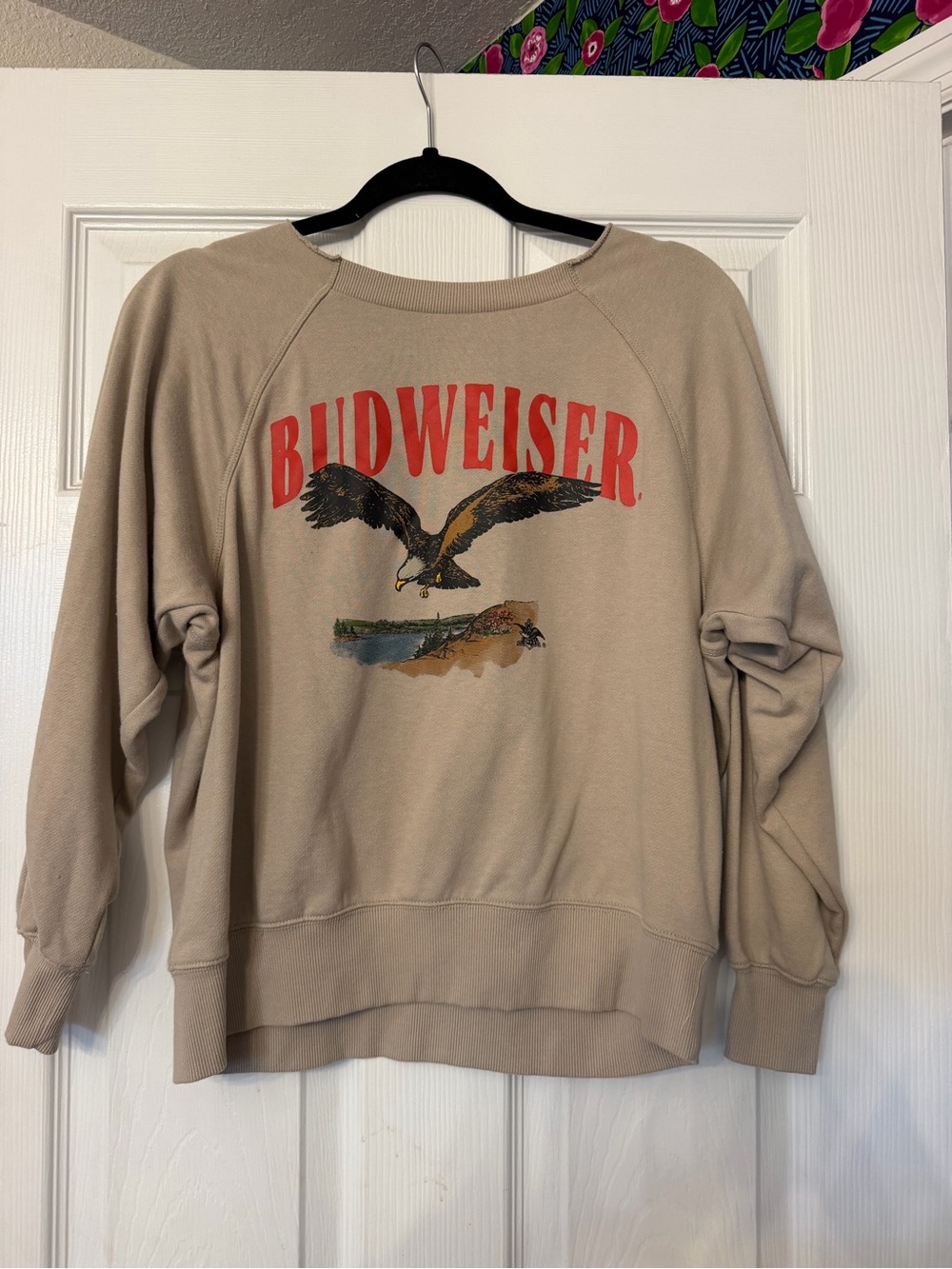Budweiser Beige Crewneck Sweatshirt with Red Logo and Eagle Graphic